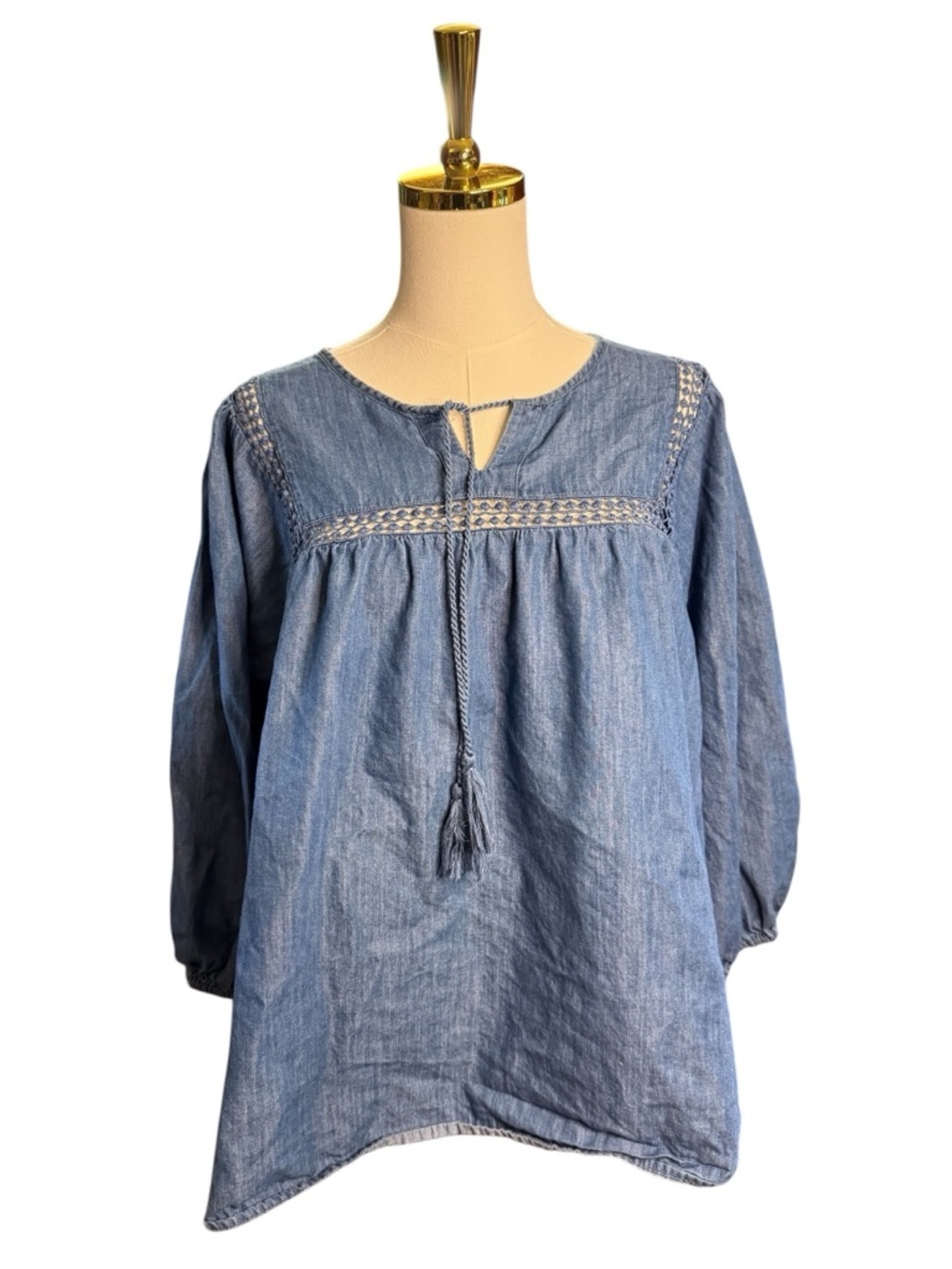 Cato Light Blue Denim Peasant Blouse with Tassel Tie Tassels Size XL